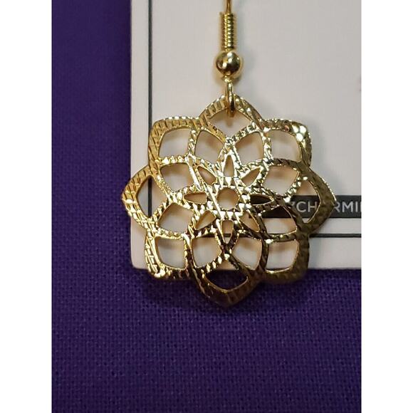 Gold Plated Brass Dangle Earrings Puffy Flower Textured Open Work Design New - Picture 2 of 7